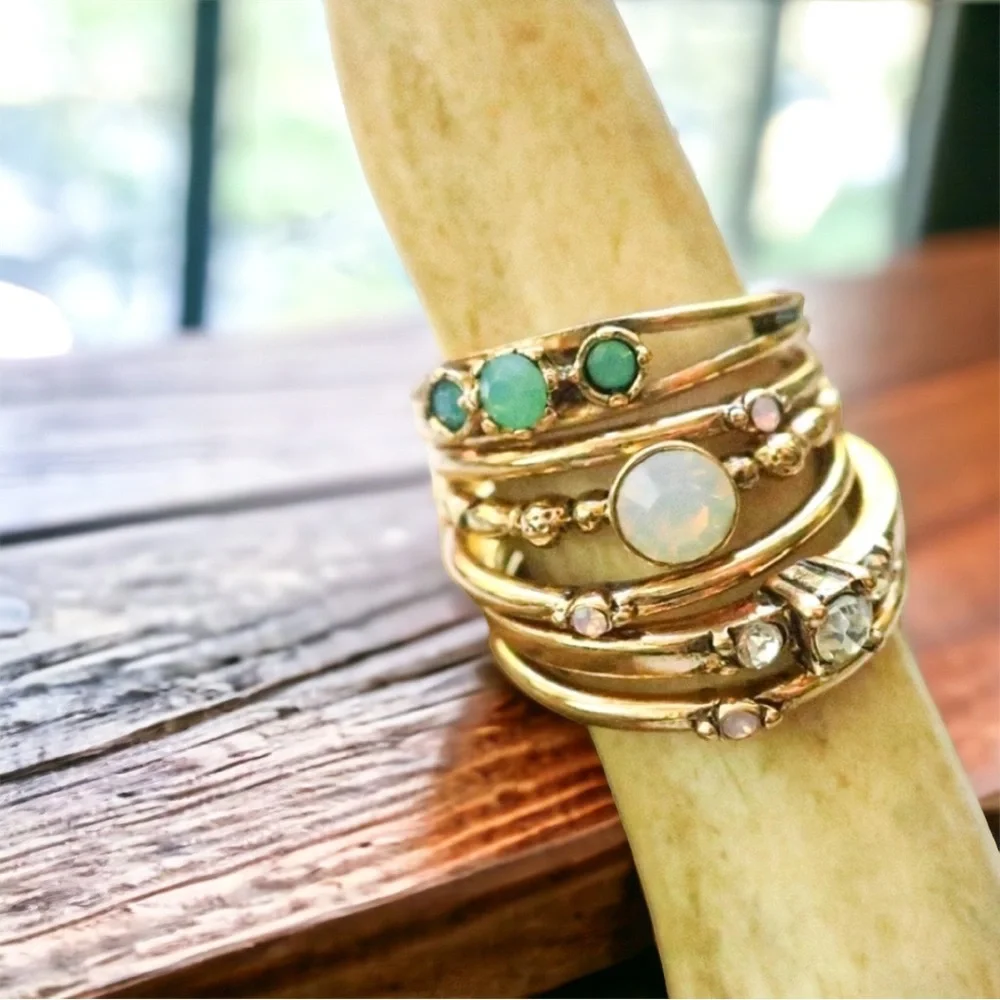 Opal Ring Stack 6pc 18k Gold Stackable Rings - Picture 1 of 10